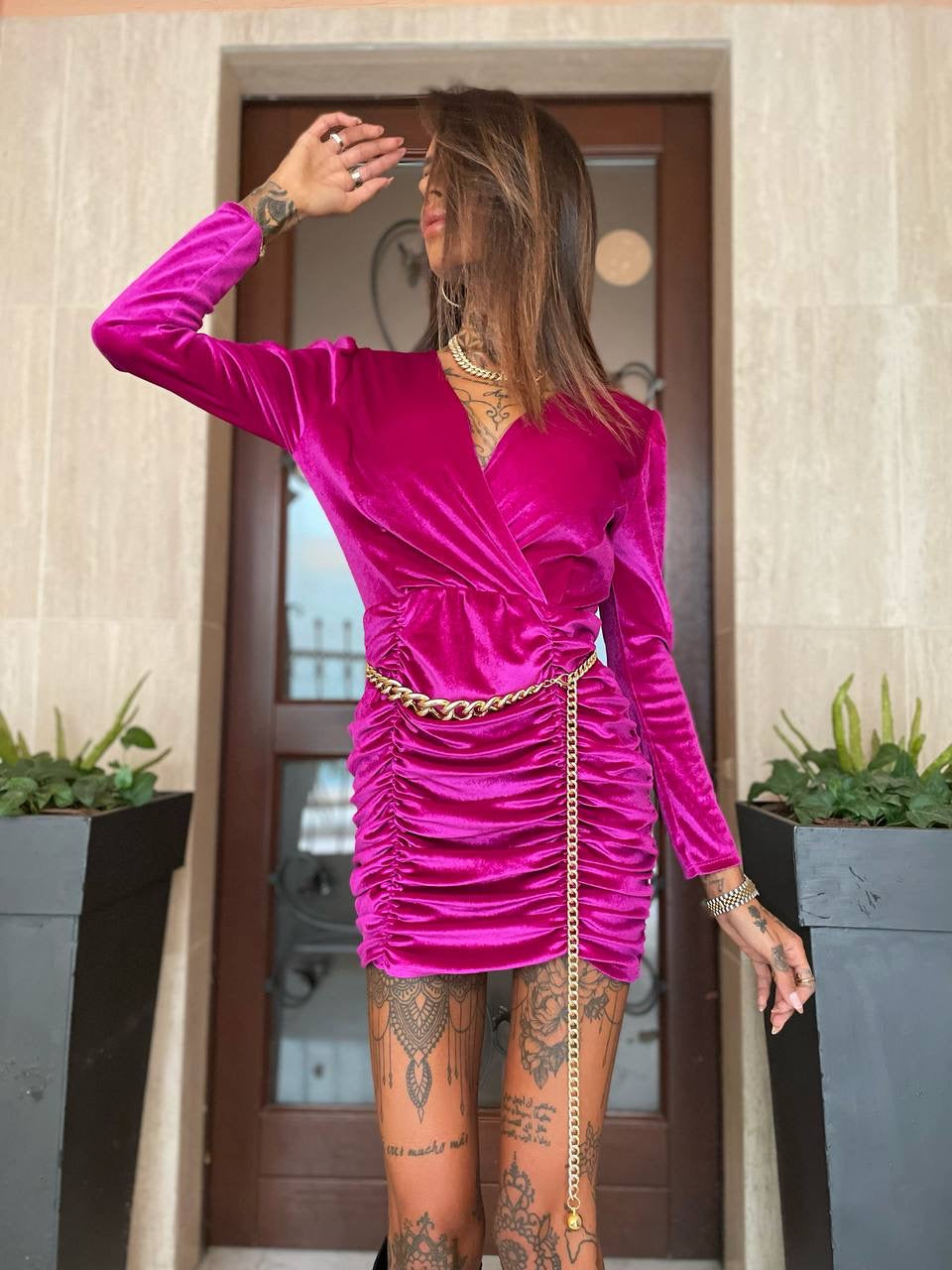 Abito in velluto peonia con arricciature - R.a. Boutique 