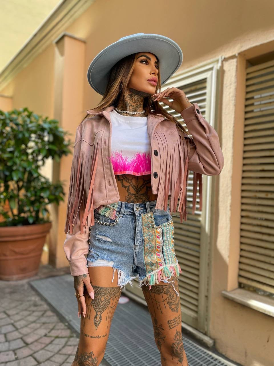 Giacchino cipria con frange - R.a. Boutique 