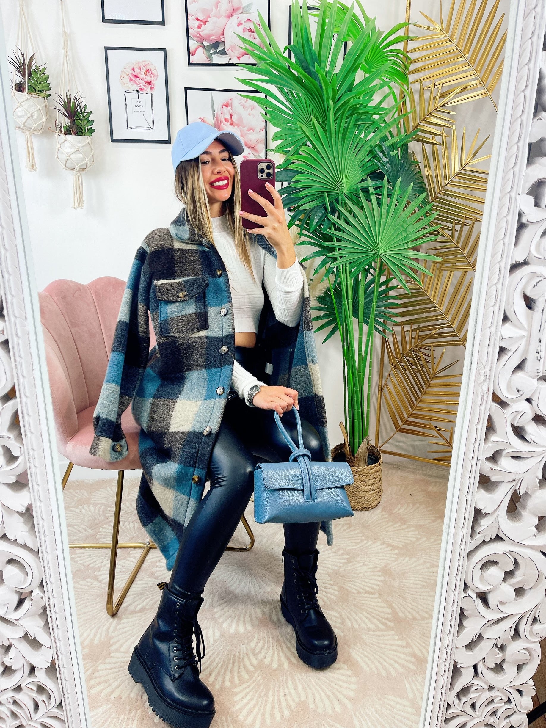 Maxi camicione a quadri nero e celeste - R.a. Boutique 