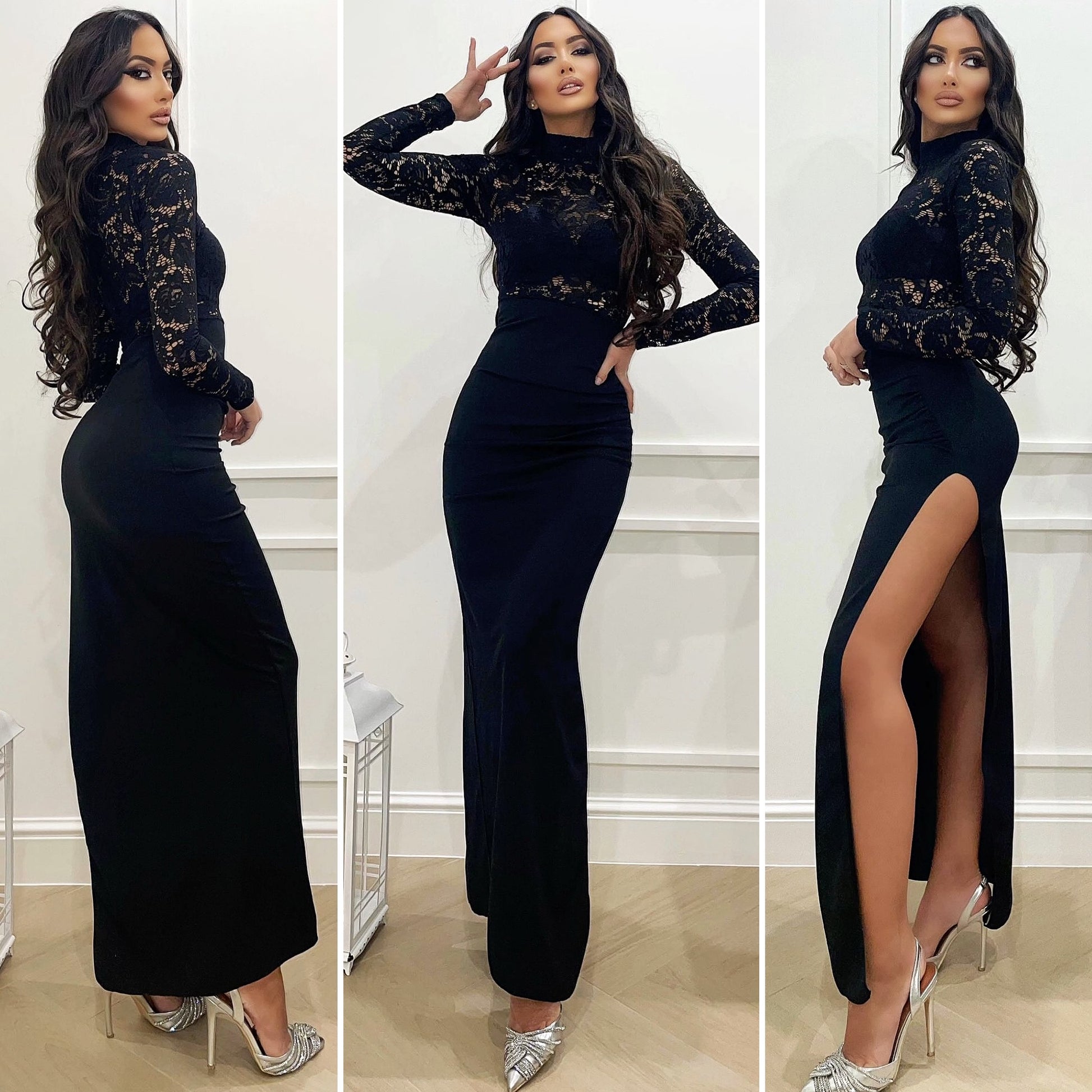 Abito nero con spacco e top in pizzo - R.a. Boutique 