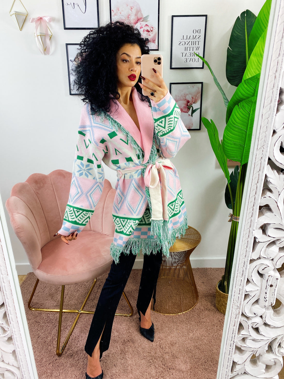 Cardigan frange e cinta rosa e verde - R.a. Boutique 