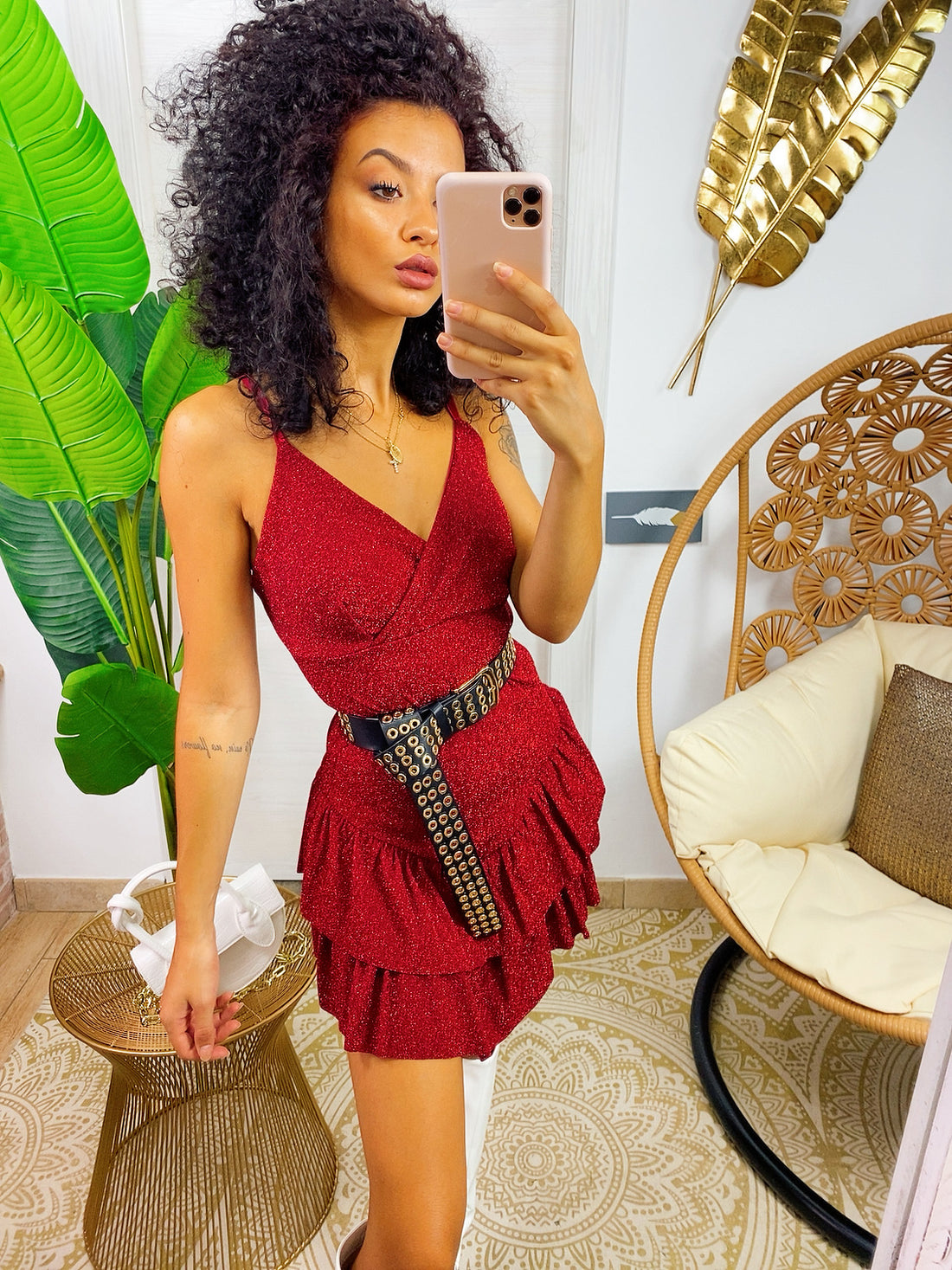 Abito corto bordeaux glitter con gonna asimmetrica - R.a. Boutique 