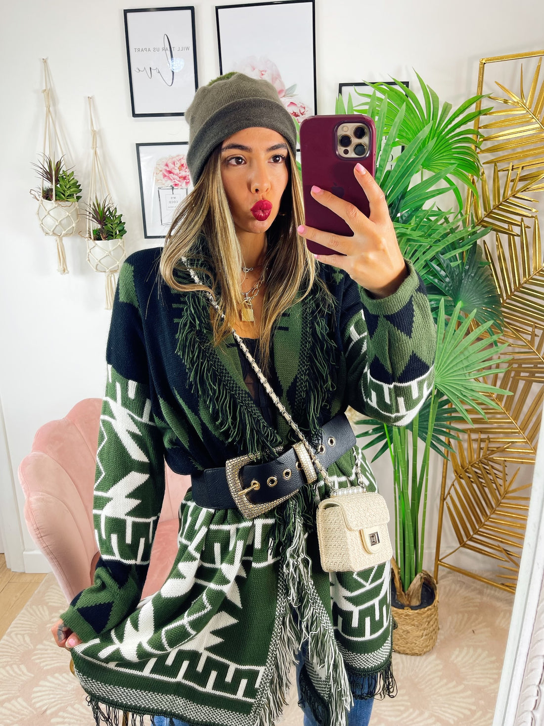 Cardigan frange e dettaglio verde - R.a. Boutique 