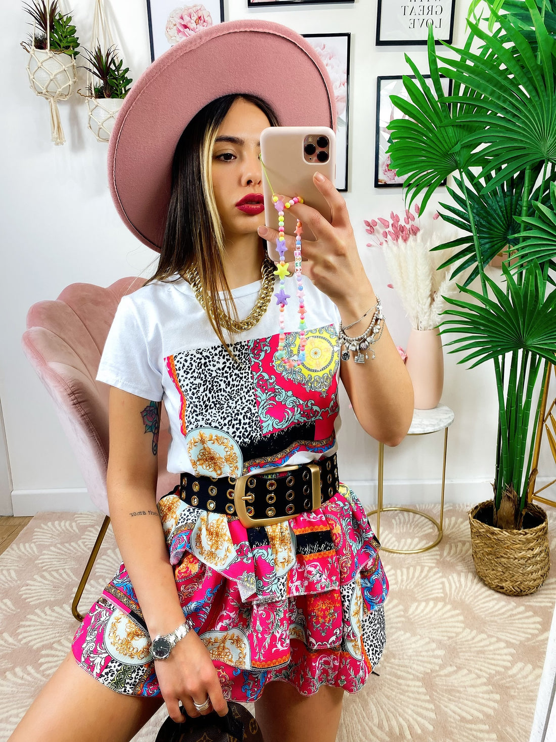 Completo etnico gonna e t-shirt base fucsia - R.a. Boutique 