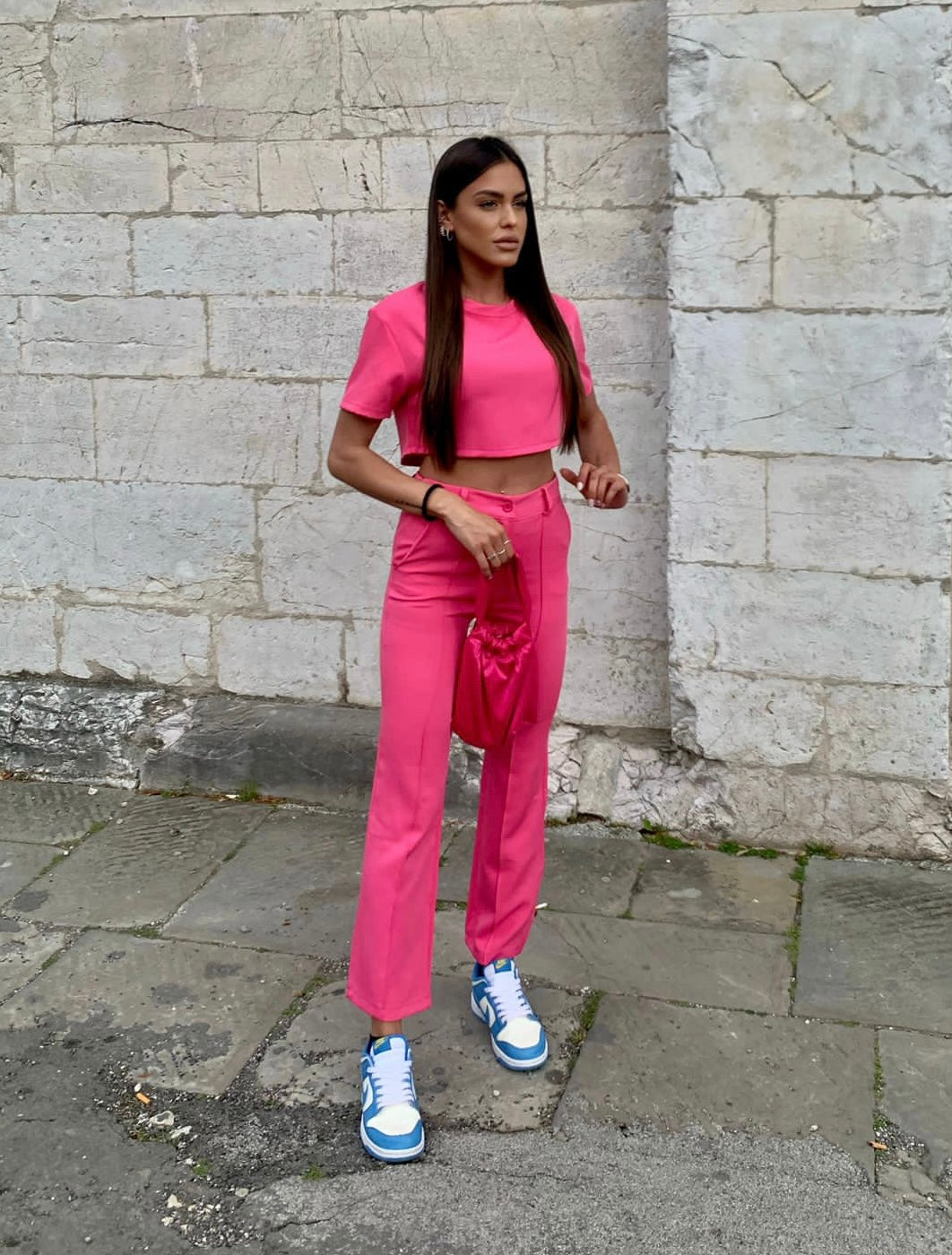 Completo maglia crop e pantalone Fuxia - R.a. Boutique 