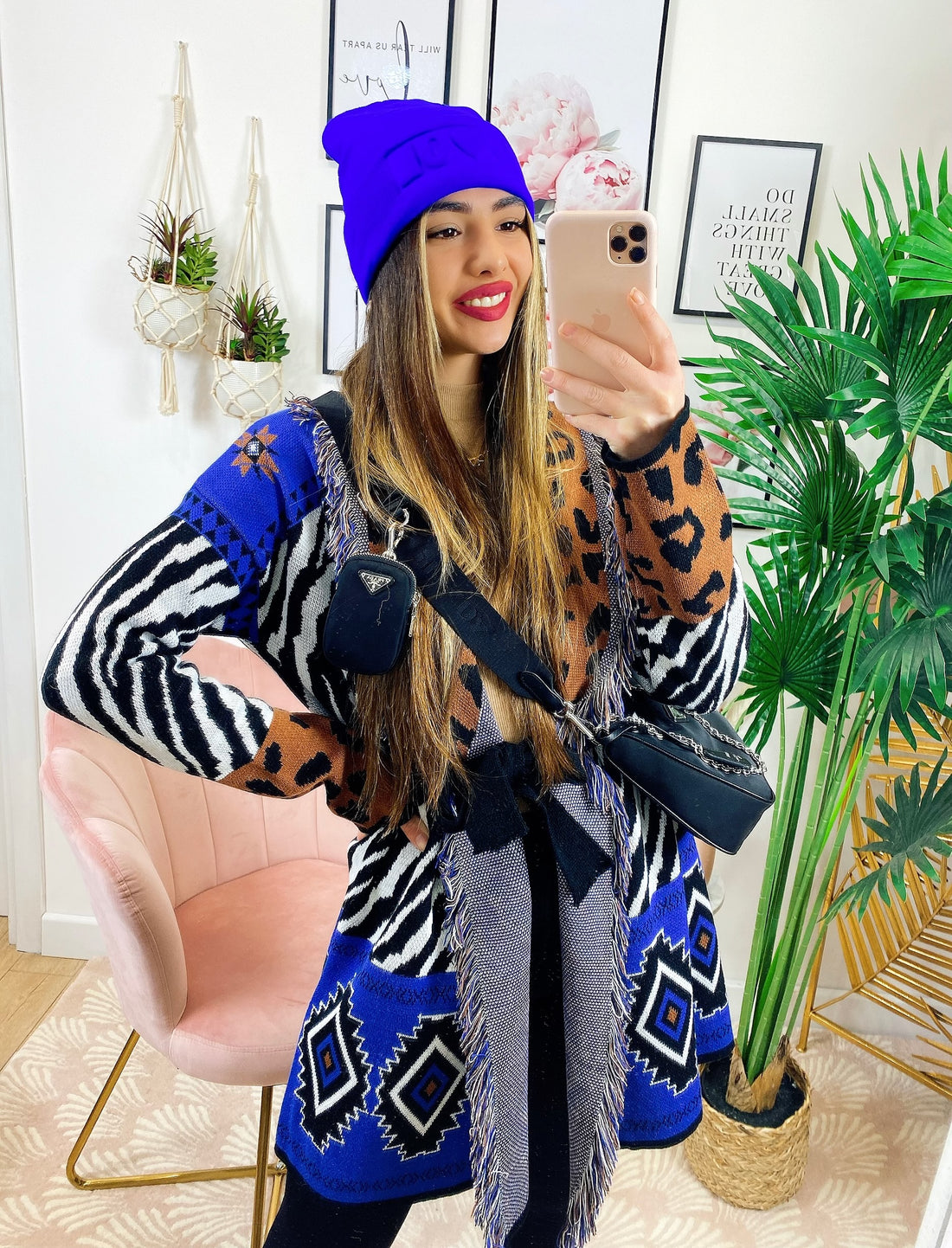 Cardigan Zebrato con frange e cinta in Blu - R.a. Boutique 