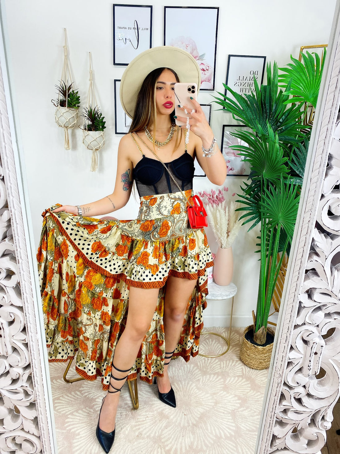 Gonna asimmetrica fiori arancio - R.a. Boutique 