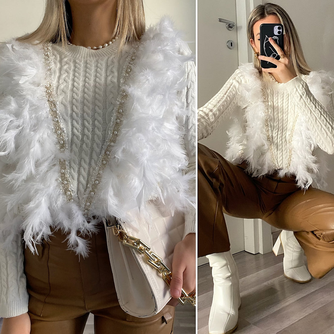 Maglioncino con piume e perle - R.a. Boutique 