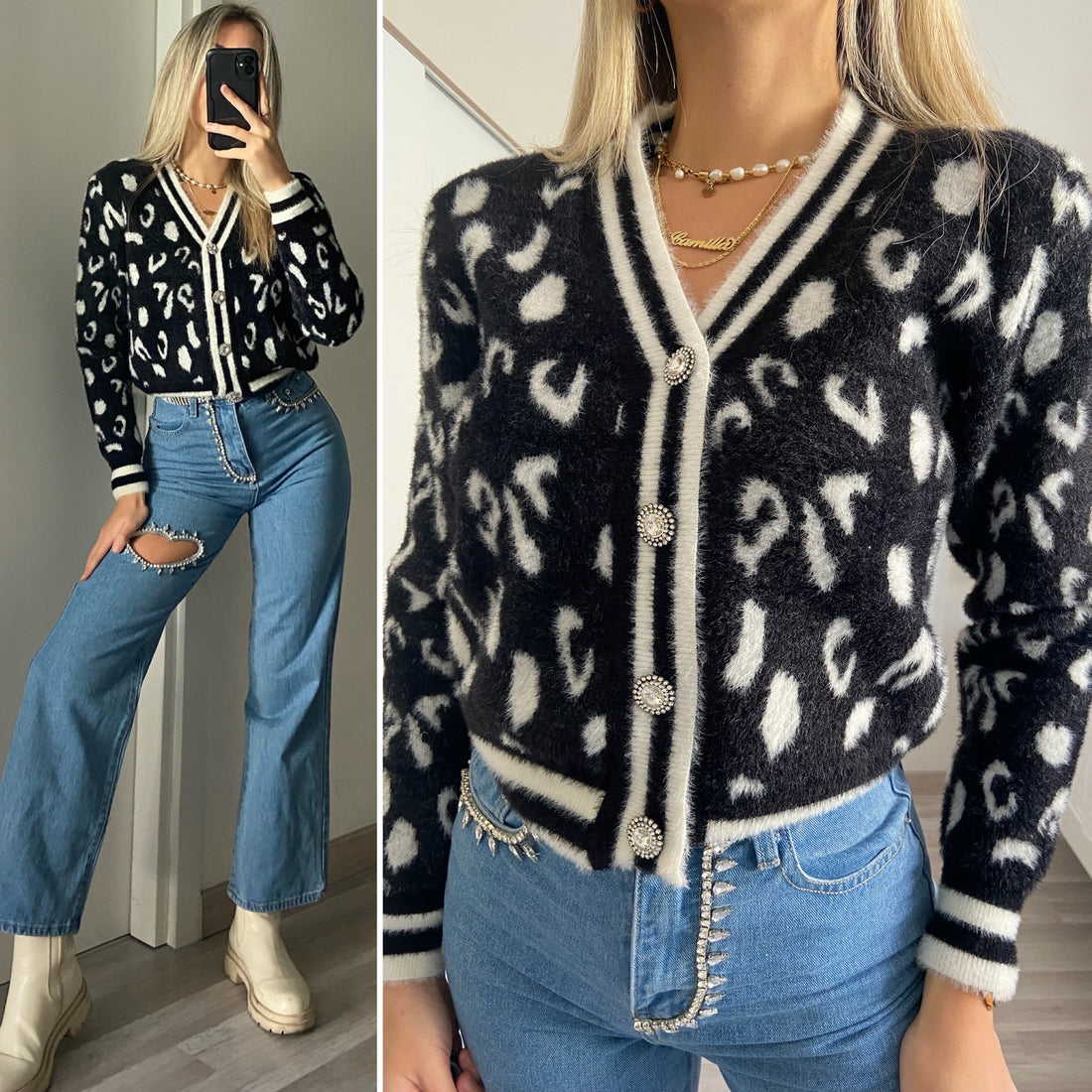 Cardigan animalier nero - R.a. Boutique 