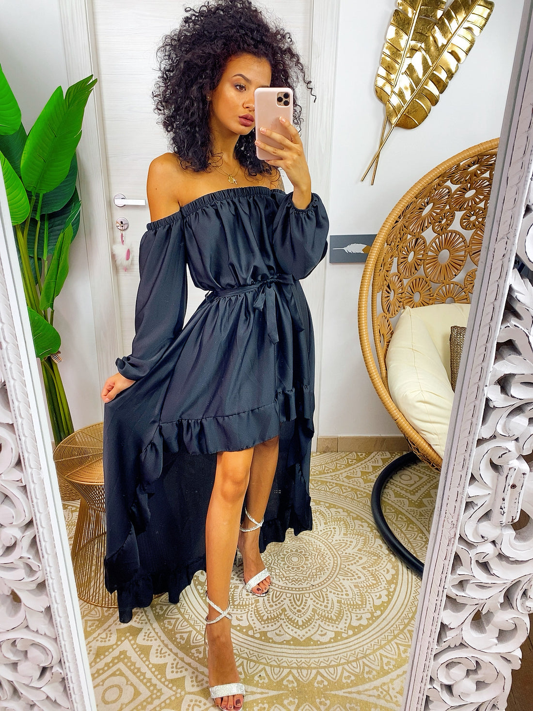 Abito in raso lungo con gonna corta davanti nero - R.a. Boutique 