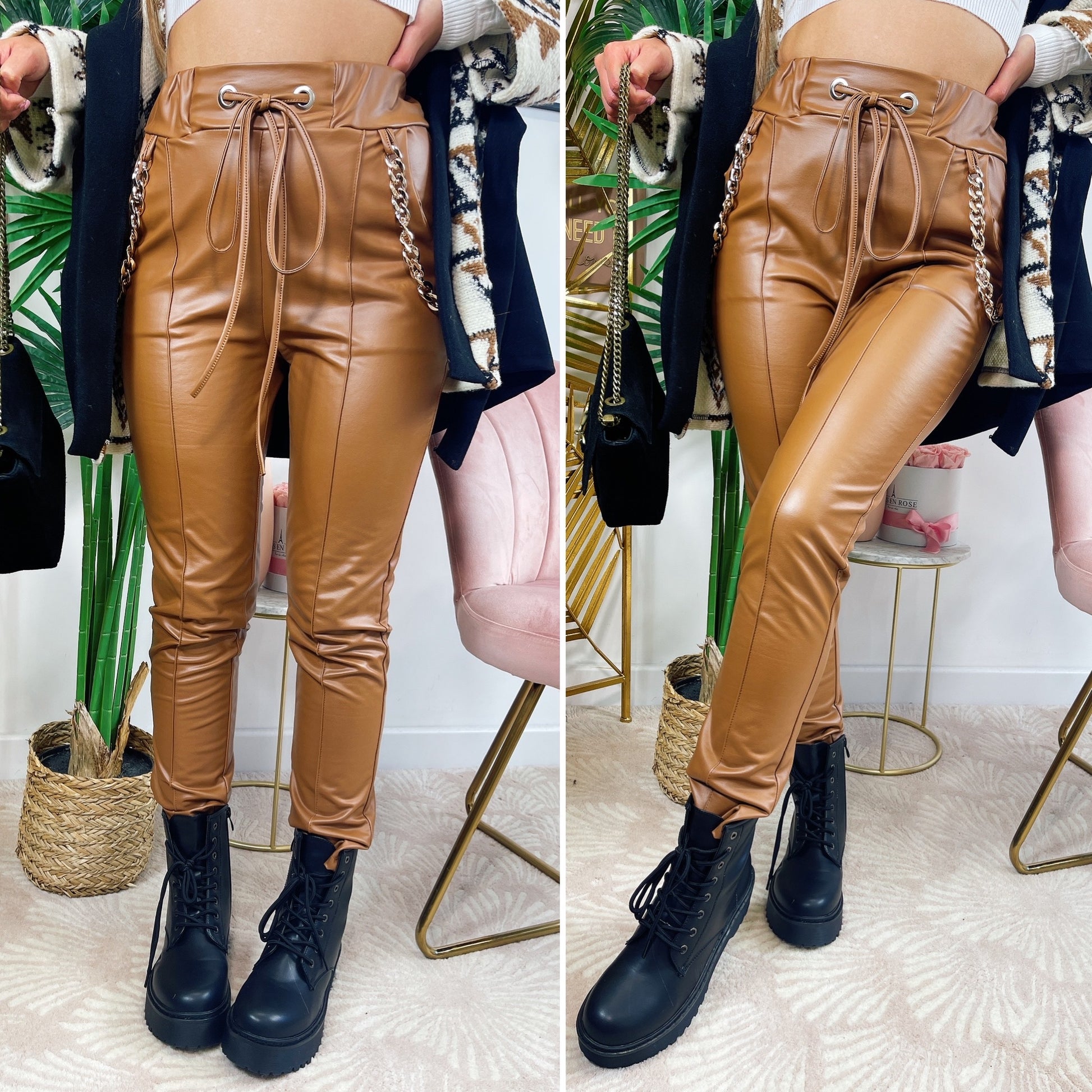 Leggins in eco-pelle con catene Camel - R.a. Boutique 