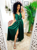 Abito in raso con maxi spacco verde bottiglia - R.a. Boutique 