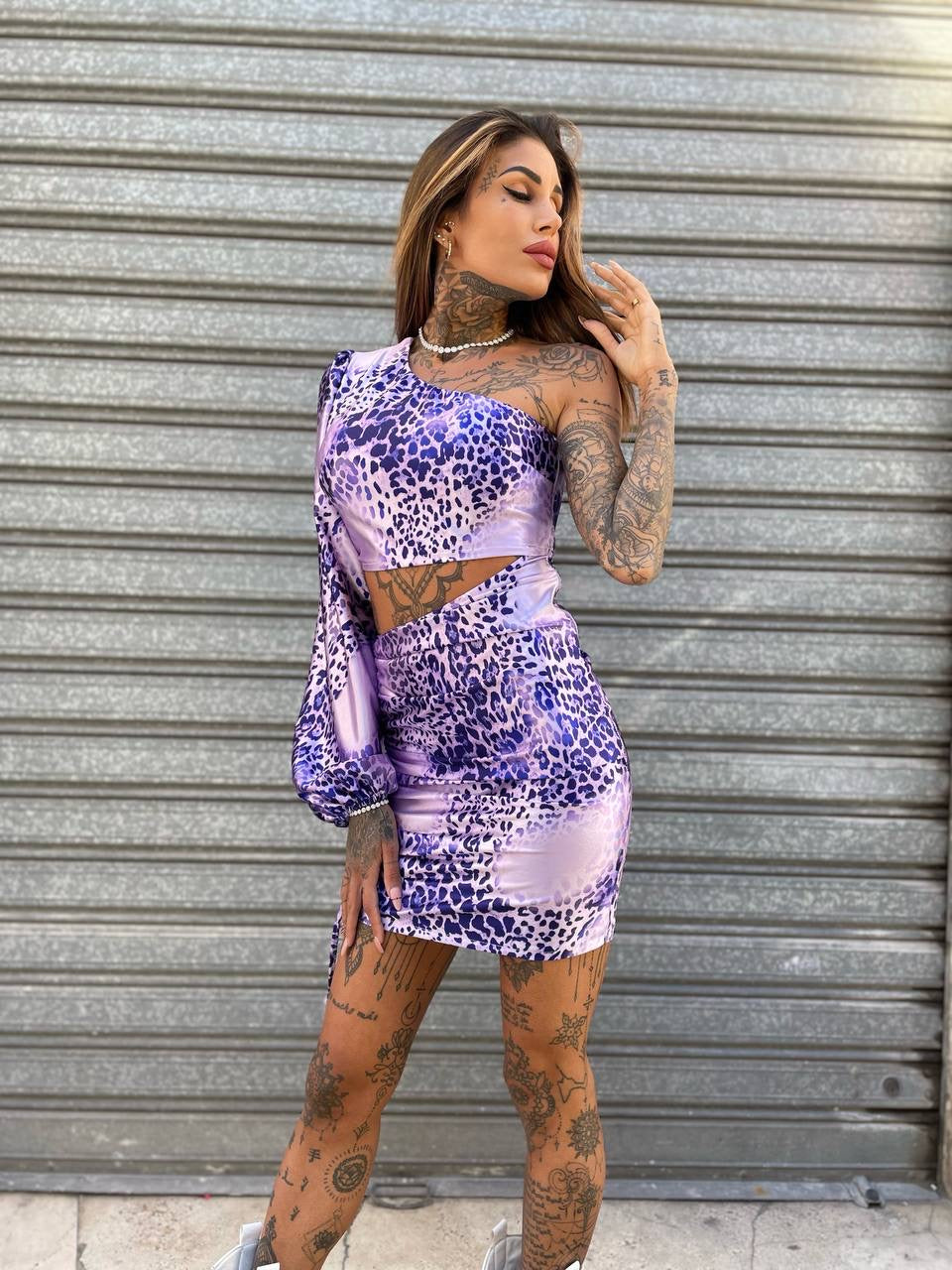 Abito monospalla animalier lilla - R.a. Boutique 