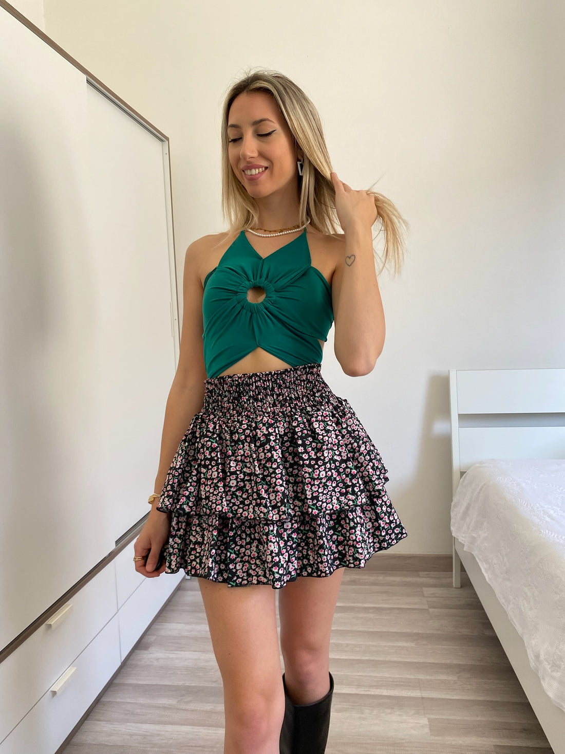 Gonna a balze fiori Fuxia verde - R.a. Boutique 