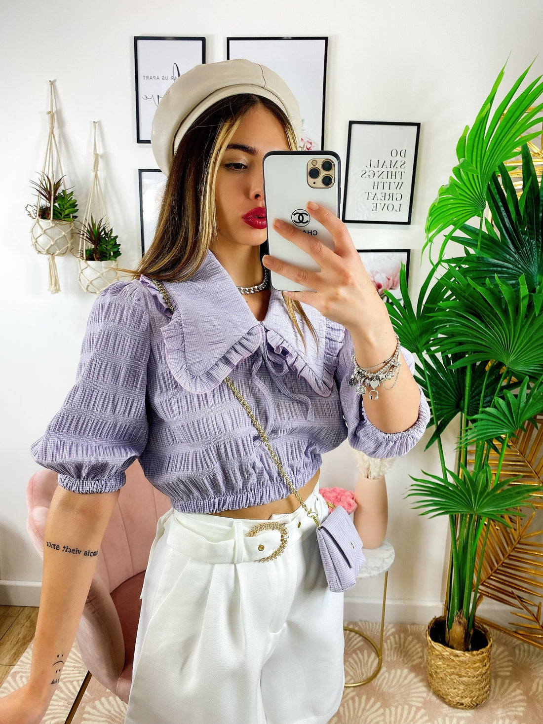 Camicetta Corta Lilla con borsetta e arricciatura oro - R.a. Boutique 