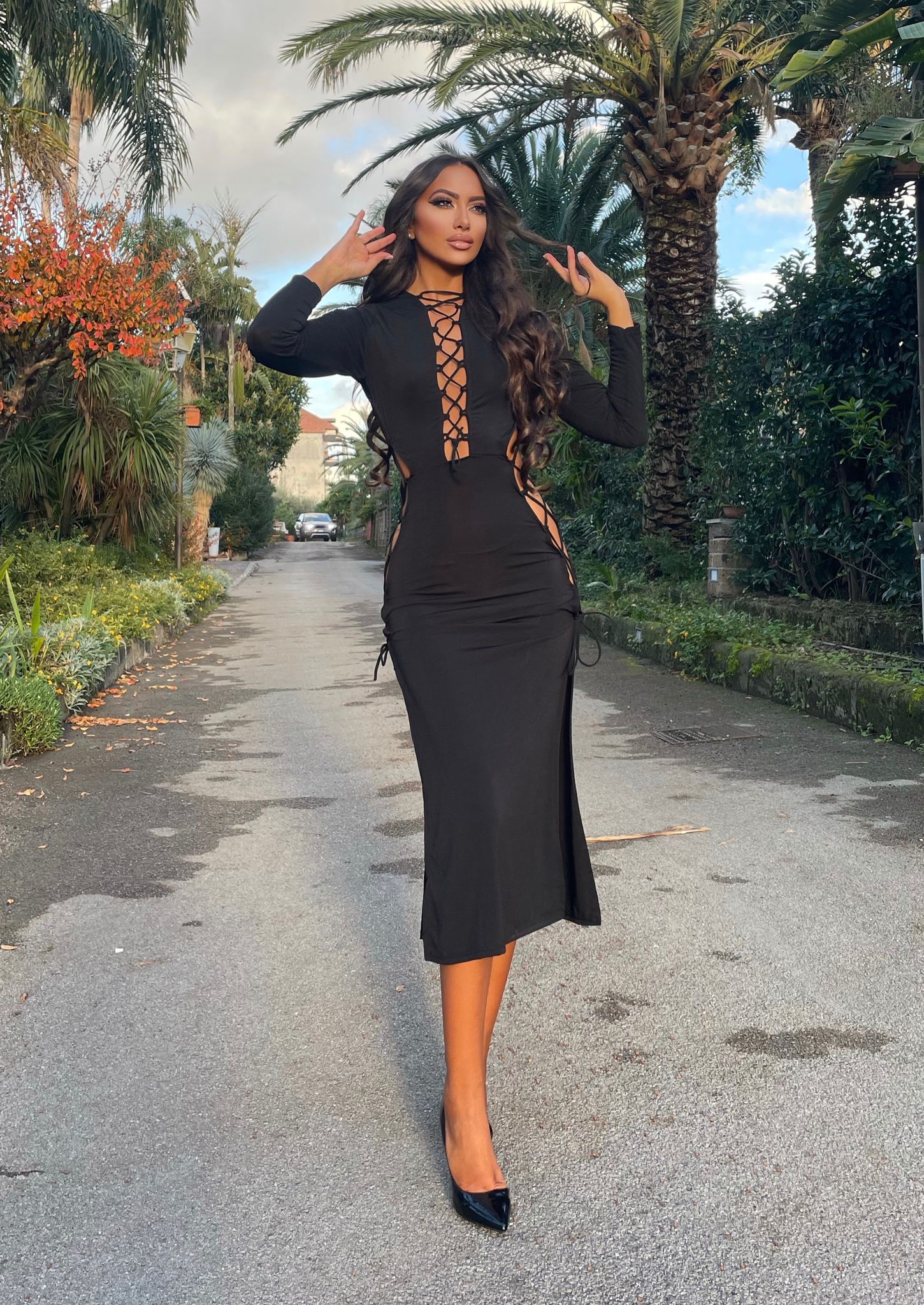 Black lace-up midi dress