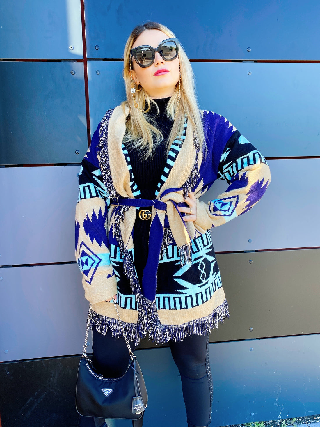 Cardigan frange e cinta geometrico verdeacqua - R.a. Boutique 