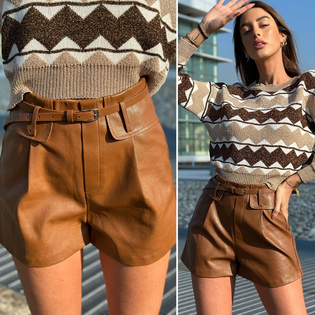 Short in ecopelle Camel con cintura - R.a. Boutique 