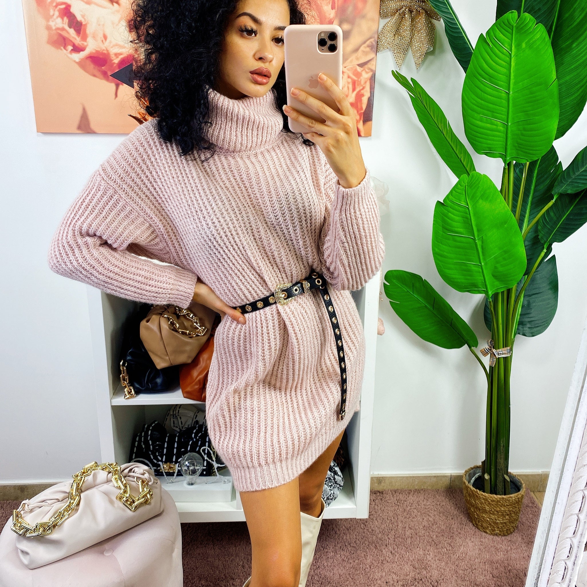 Abito in maglia collo alto rosa cipria - R.a. Boutique 