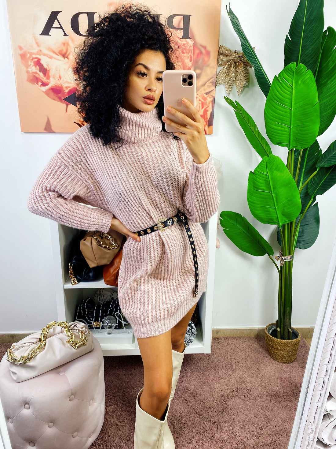 Abito in maglia collo alto rosa cipria - R.a. Boutique 