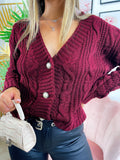 Maglione a trecce bordeaux con bottoni gioiello - R.a. Boutique 