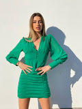 Abito verde smeraldo arricciato con bottoncini - R.a. Boutique 