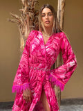 Abito con maxi spacco Fuxia con piume - R.a. Boutique 