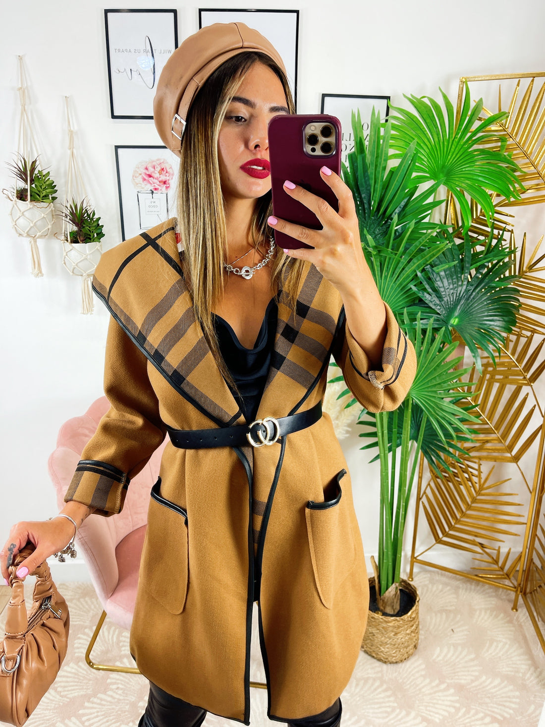 Cappotto check camel con cintura - R.a. Boutique 