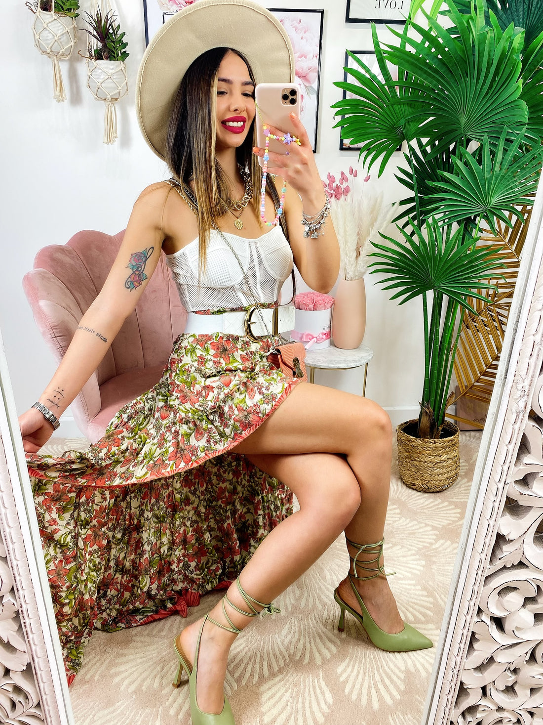 Gonna asimmetrica verde chiaro e corallo - R.a. Boutique 