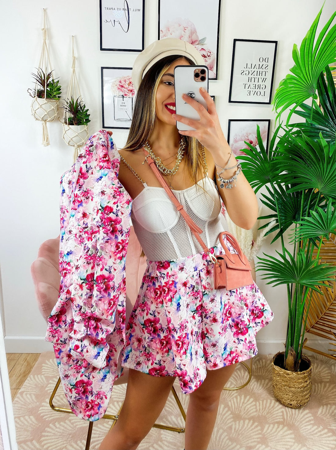 Completo Giacca e Short fiori fucsia - R.a. Boutique 