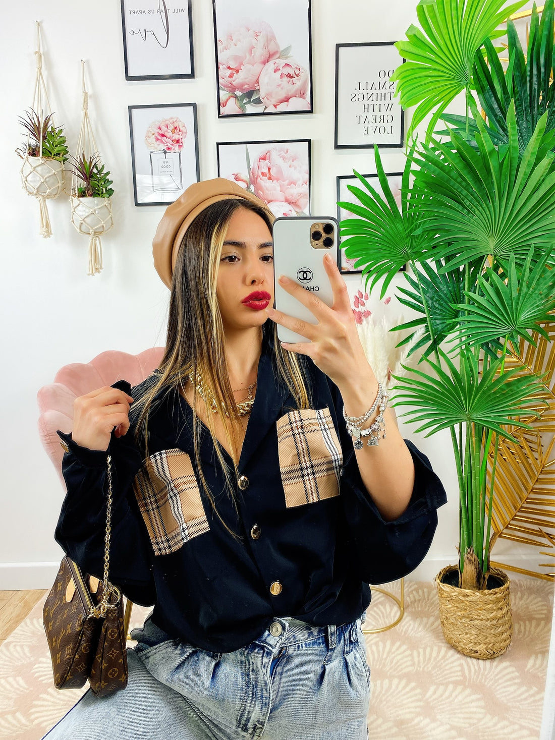 Camicia con tasca ricamata check nera - R.a. Boutique 