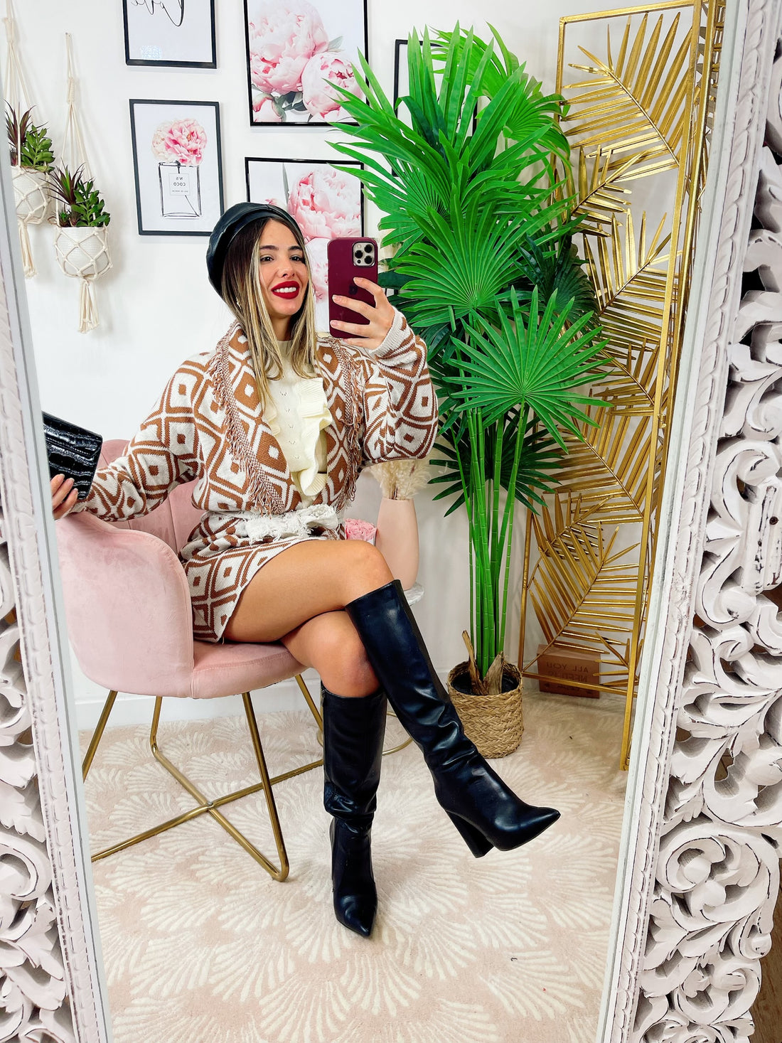 Cardigan a rombi e frange Camel - R.a. Boutique 