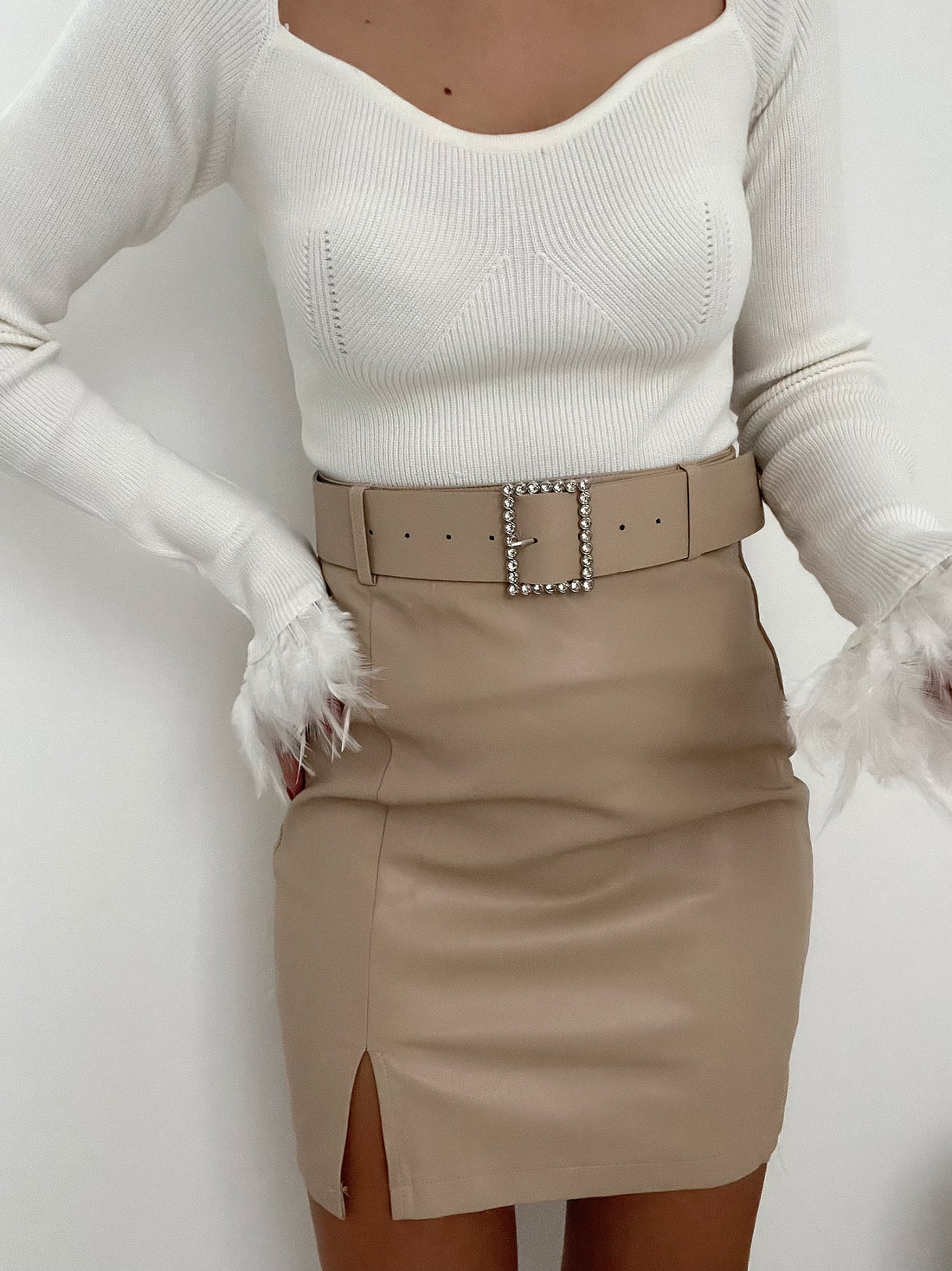 Gonna in ecopelle nude cintura strass - R.a. Boutique 