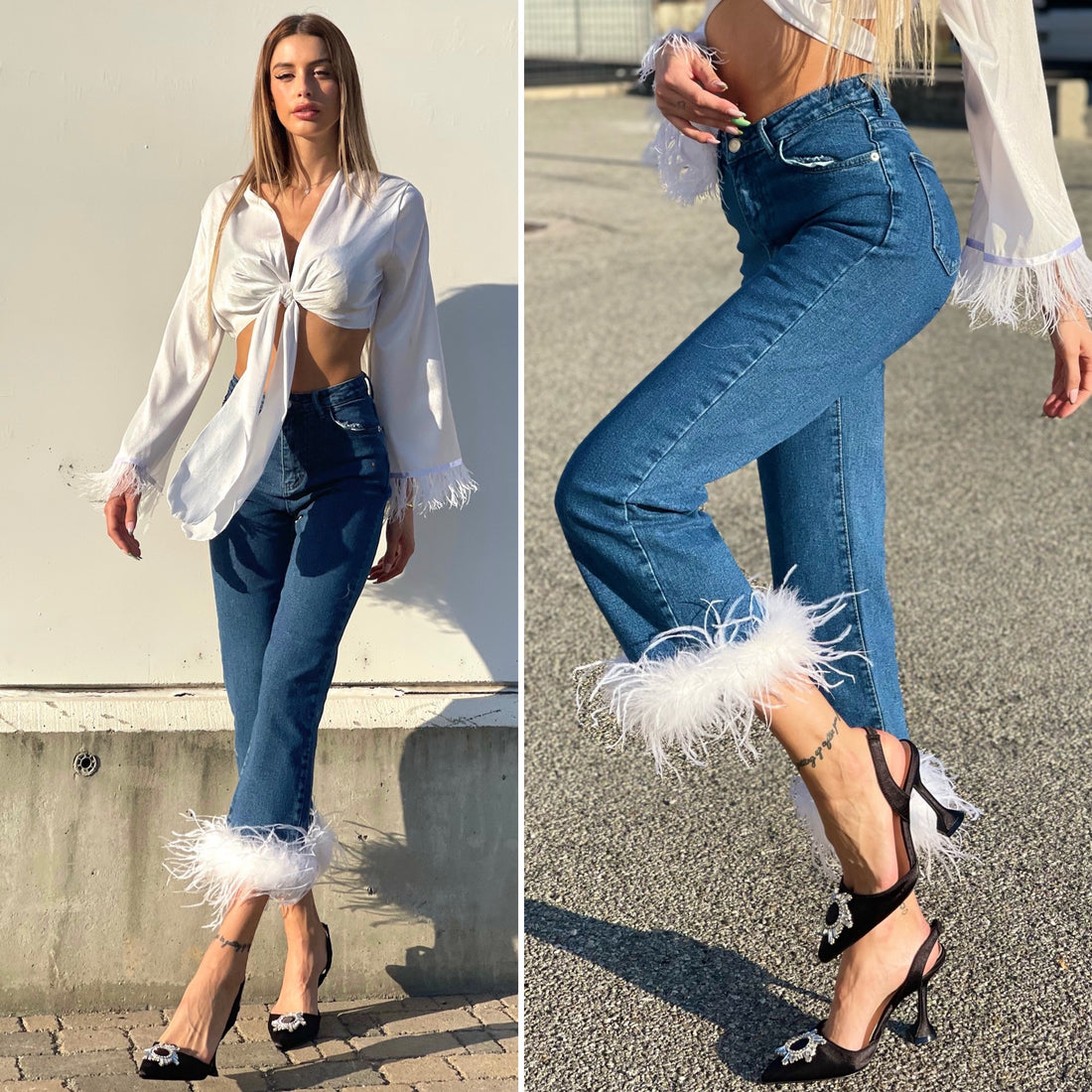 Jeans con piume bianche - R.a. Boutique 