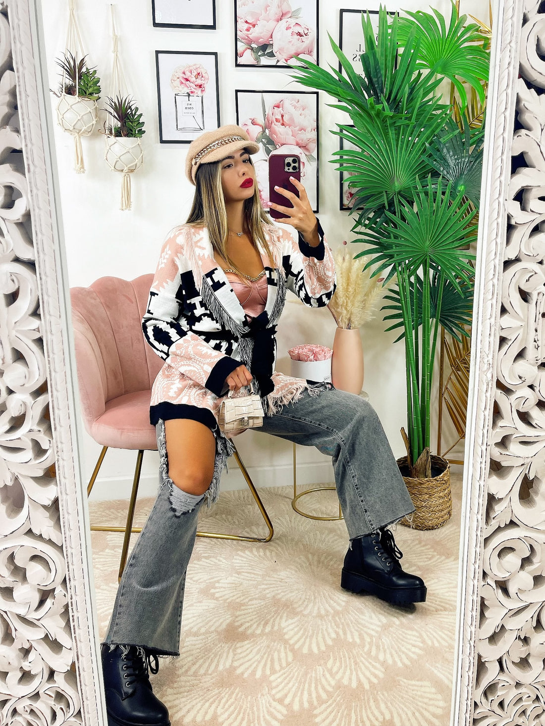 Cardigan frange e cinta dettaglio cipria - R.a. Boutique 