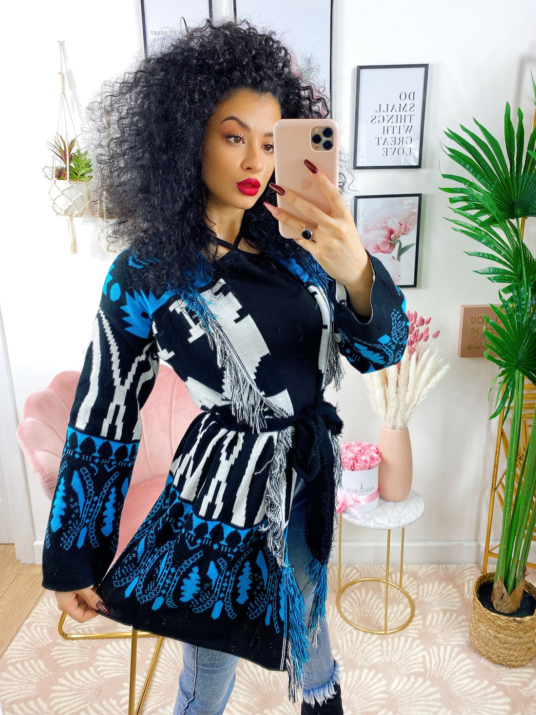 Cardigan frange e cinta sfumature azzurro - R.a. Boutique 