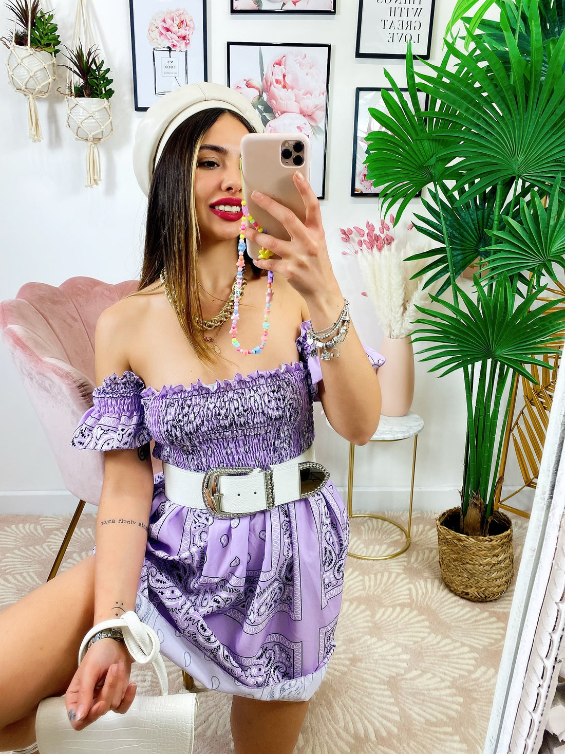 Abito scollo a barchetta stampa etnica Lilla - R.a. Boutique 