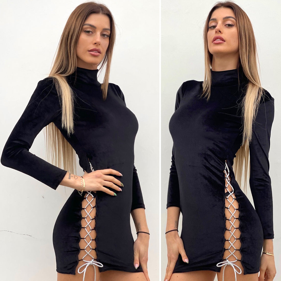 Abito velvet nero con stringhe - R.a. Boutique 