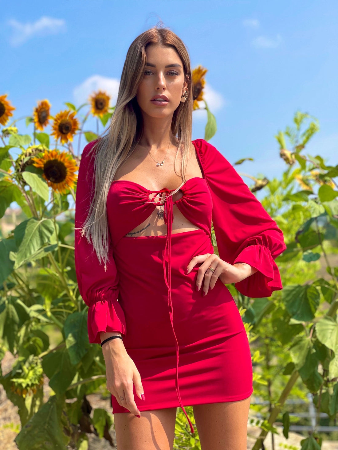 Abito rosso manica lunga con incrocio - R.a. Boutique 