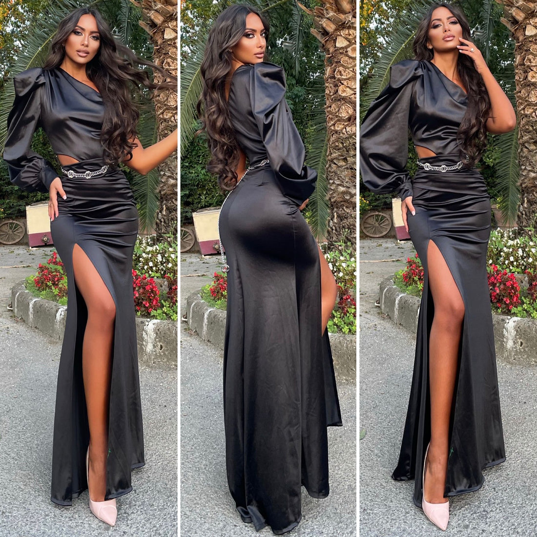 Abito in raso monospalla nero - R.a. Boutique 