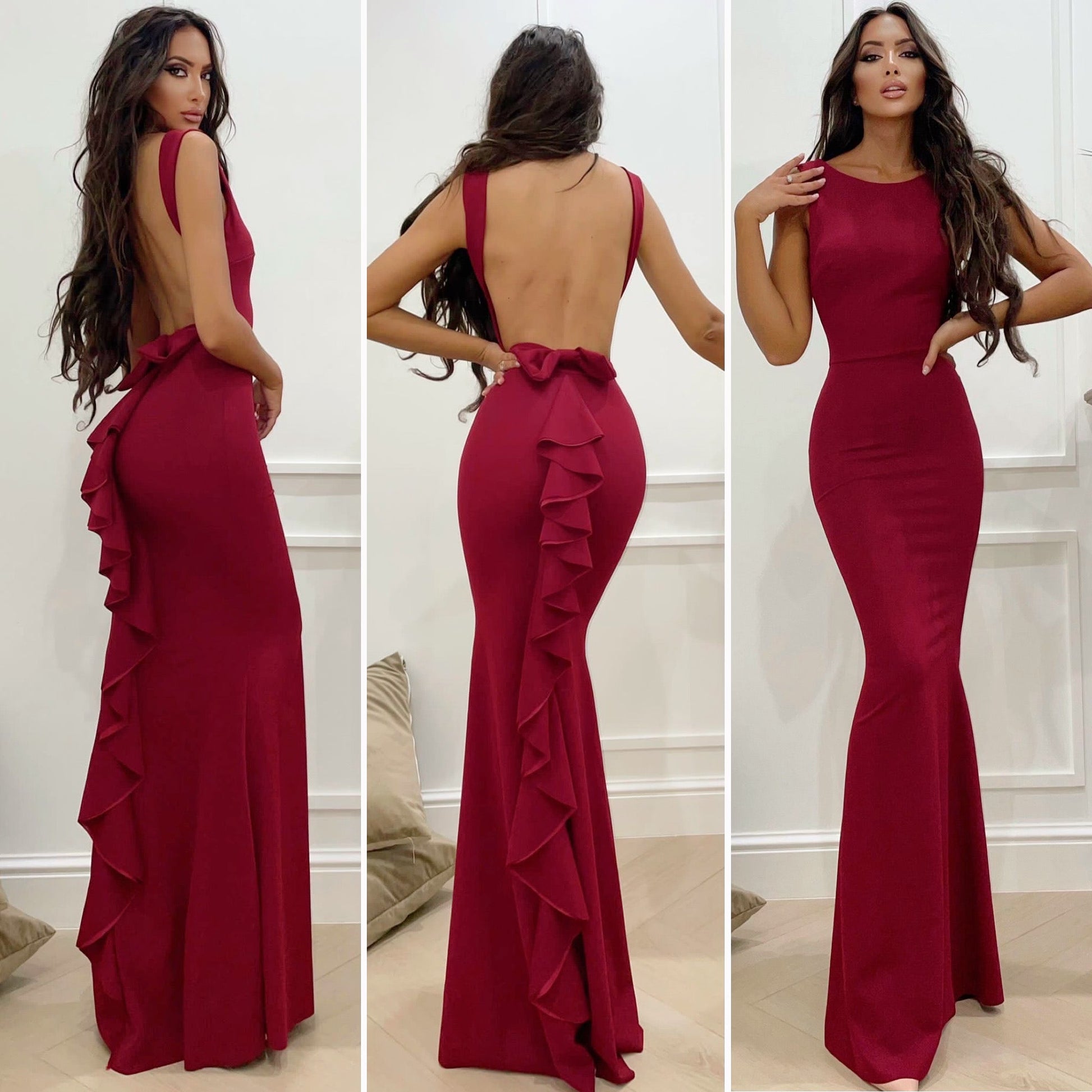 Abito lungo schiena aperta e fiocco bordeaux