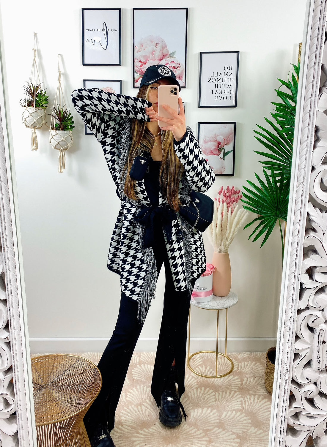 Cardigan Pied de poule con frange e cinta - R.a. Boutique 