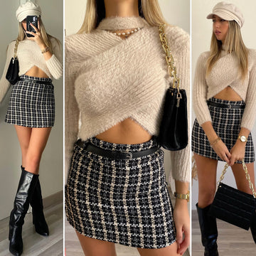 Gonna in tweed nero beige - R.a. Boutique 