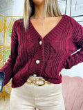 Maglione a trecce bordeaux con bottoni gioiello - R.a. Boutique 