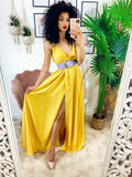 Abito in raso con maxi spacco Giallo - R.a. Boutique 