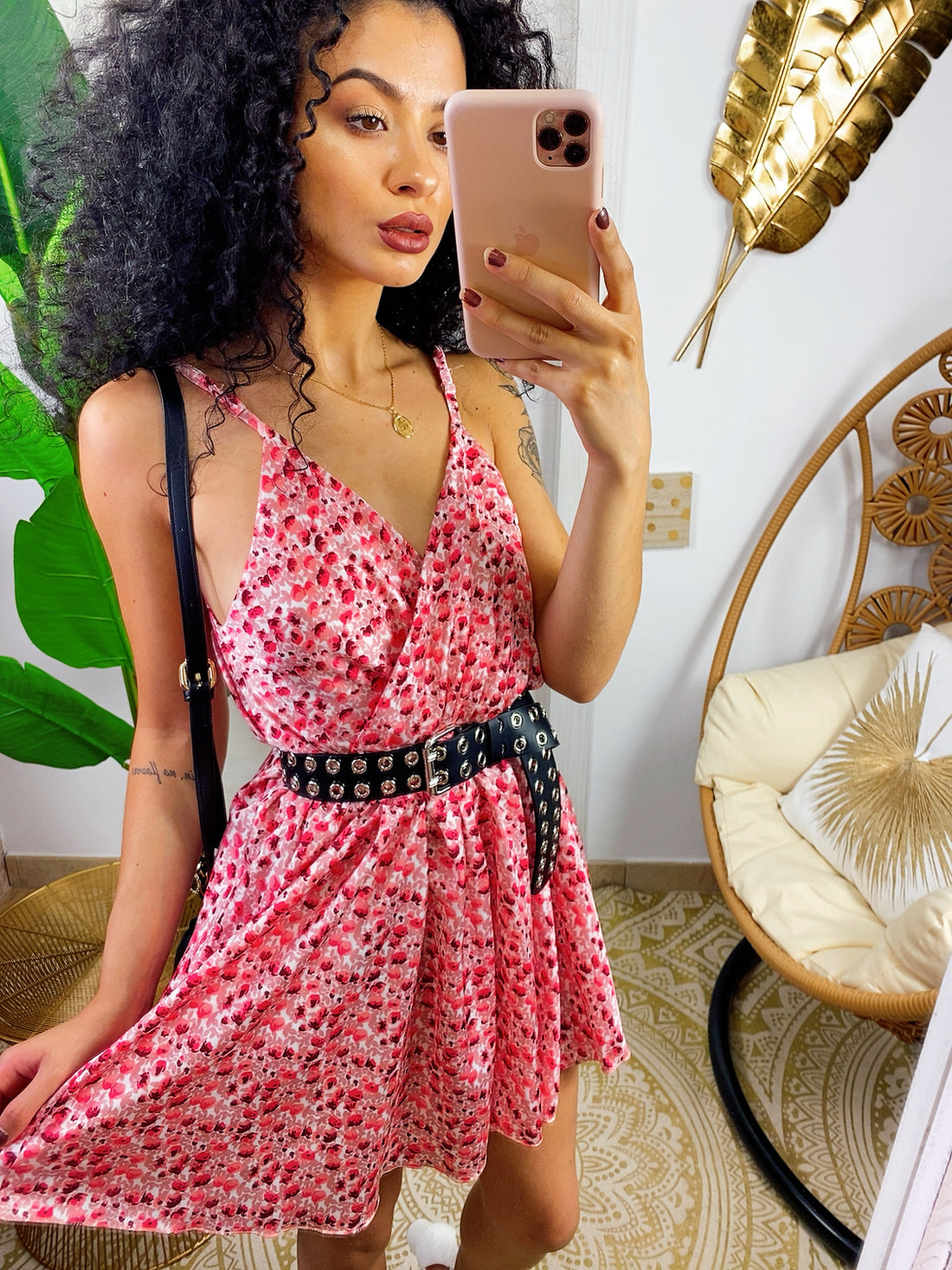 Tutina con incrocio davanti con stampa a fiorellini rosa - R.a. Boutique 