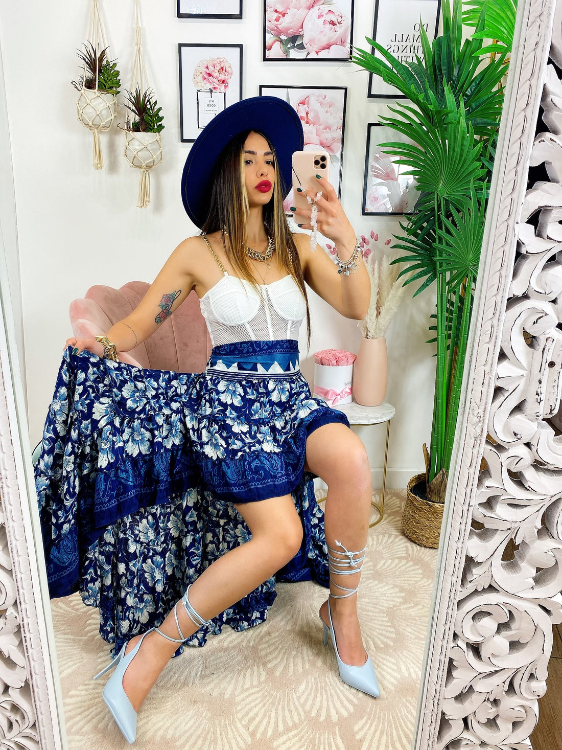 Gonna asimmetrica blu fiori celesti - R.a. Boutique 