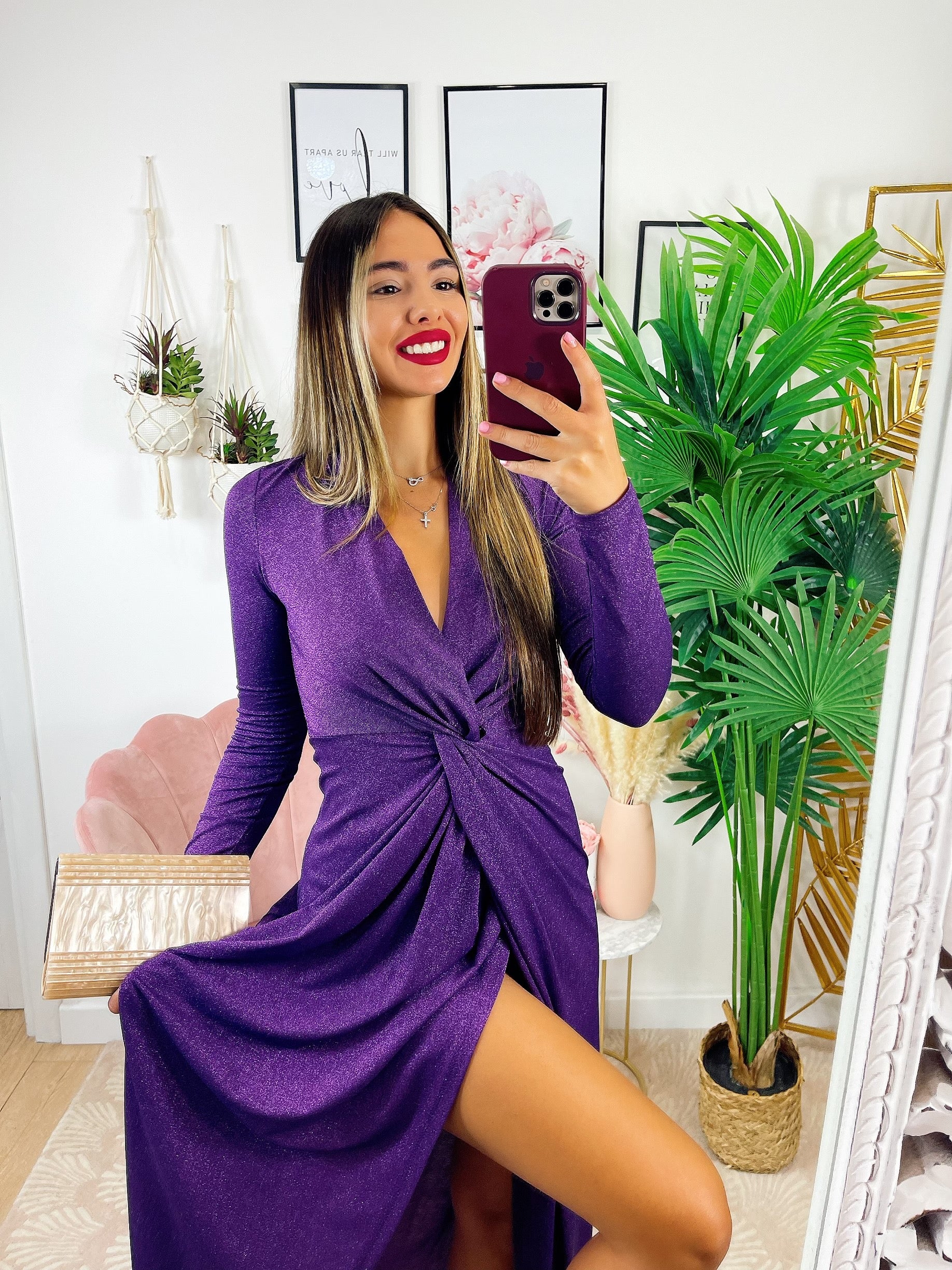 Abito glitterato lungo con nodo Purple - R.a. Boutique 