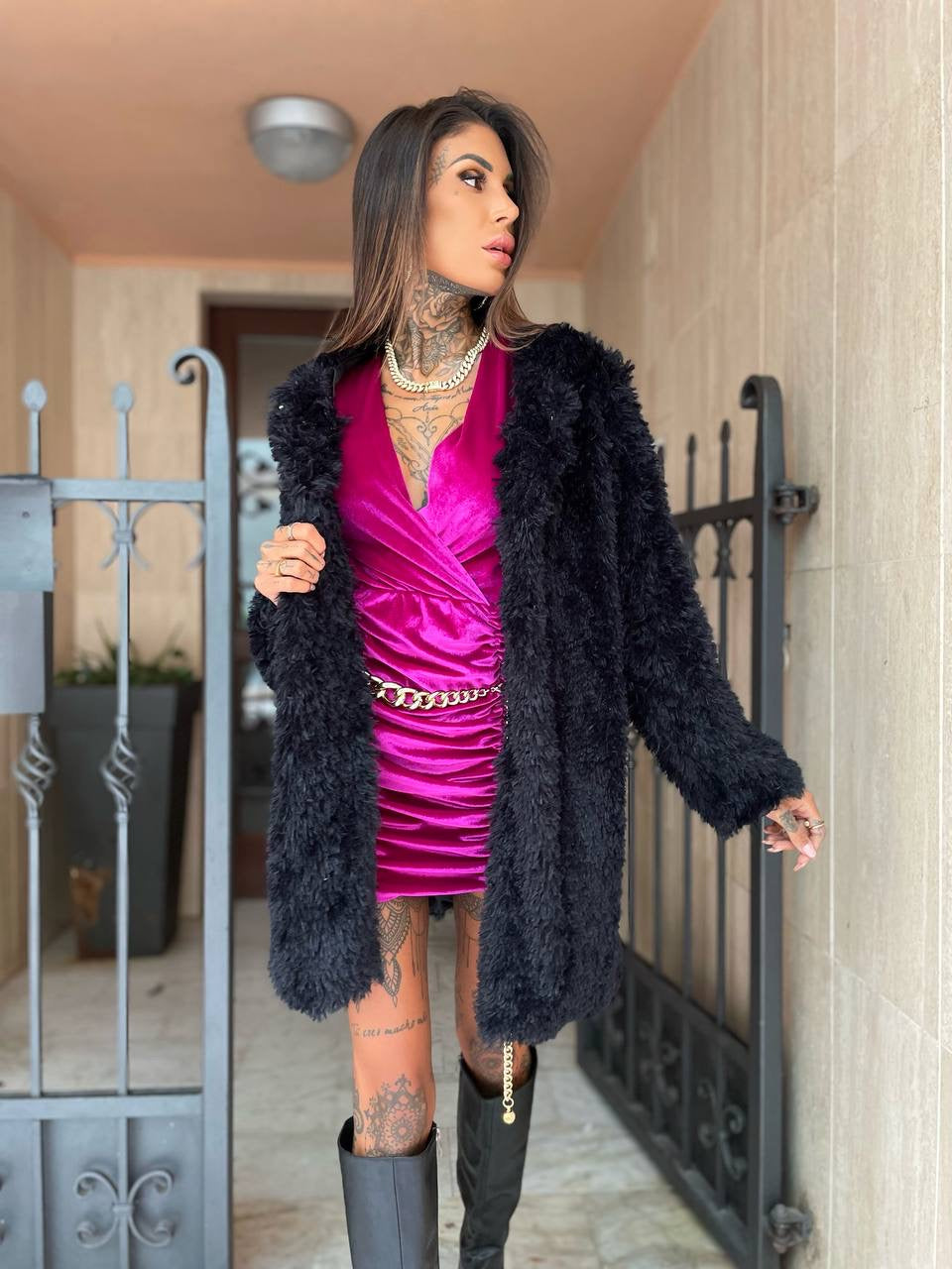 Abito in velluto peonia con arricciature - R.a. Boutique 