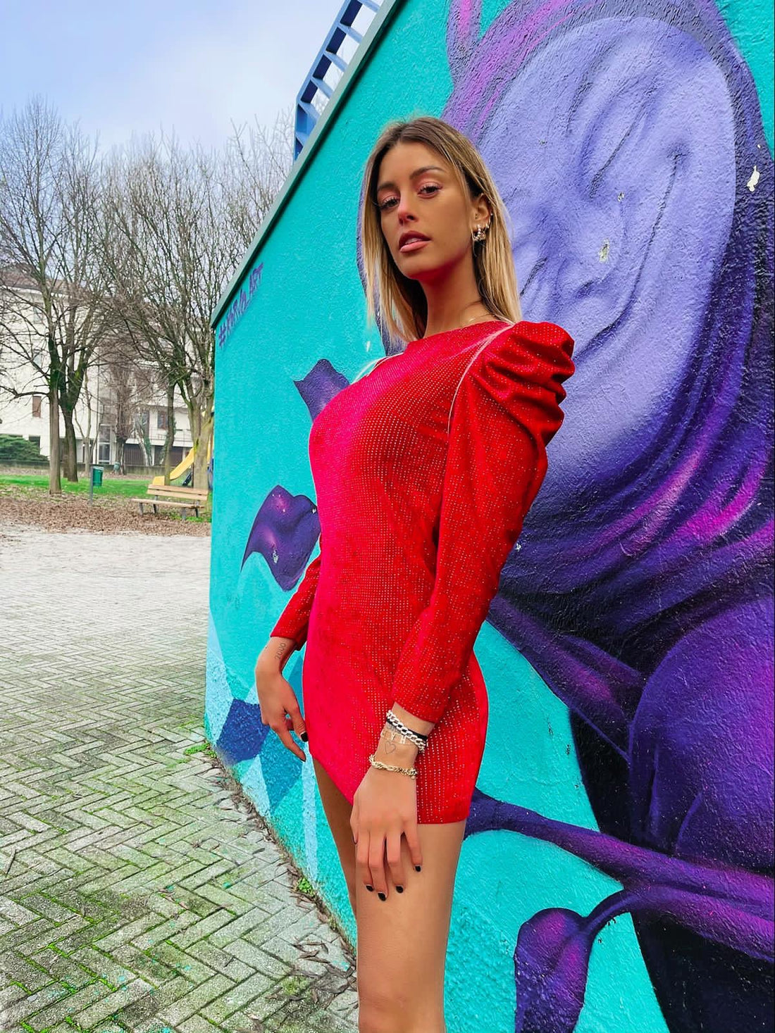 Abito in velluto con glitter argento manica bombata - R.a. Boutique 